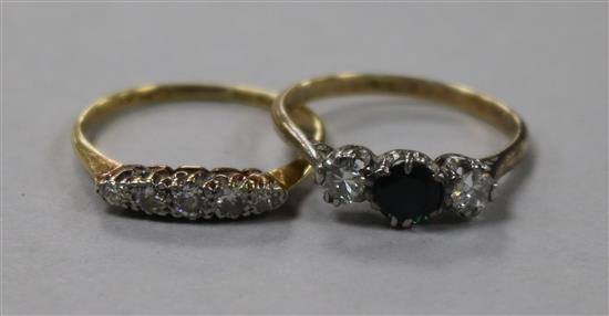 An 18ct gold and five stone diamond half hoop ring and an 18ct gold, sapphire and diamond three stone ring.